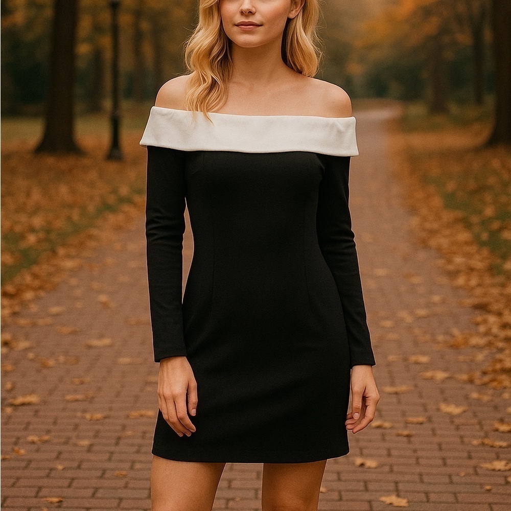 NWT Long Sleeve Off the Shoulder Black and White Mini Dress Sz 12/ Large